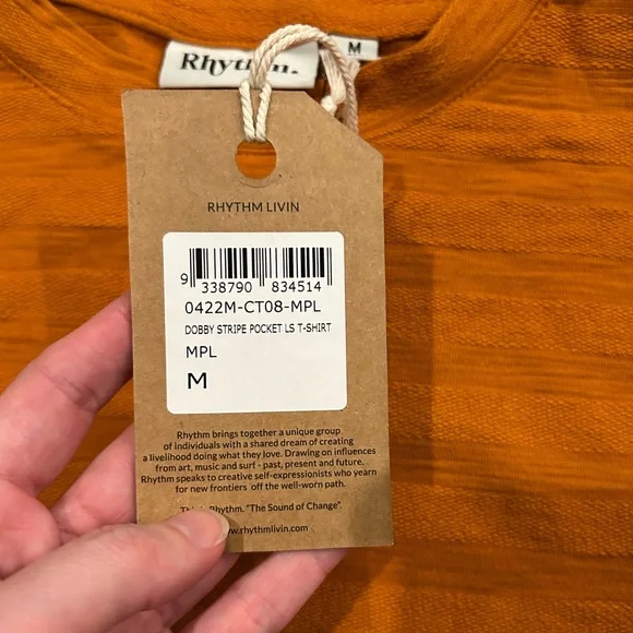 NWT Rhythm Dobby Striped Long Sleeve Shirt Orange Mens Size Medium Pocket - Picture 5 of 8